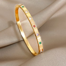 Resim Erkekler İçin Lüks Altın Kaplama Paslanmaz Çelik Bileklik - Kare Desenli Çok Renkli Sentetik Zirkon Taşlı, Şık Takı Hediyesi, Aile ve Arkadaşlar İçin Zarif Mücevher, Moda Tutkunları için Premium Aksesuar, Özel Günler İçin Tasarım Parçası, Yüksek Kaliteli İşçilik, Stil Sahibi Erkeklere Özel 