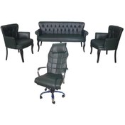 Resim Garden House Ahşap Ayaklı Haki Yeşil Deri 3+1 +1 + Makam Koltuğu Ofis Koltuk Takımı Cafe Koltuğu 3'lü Kanepe Haki 