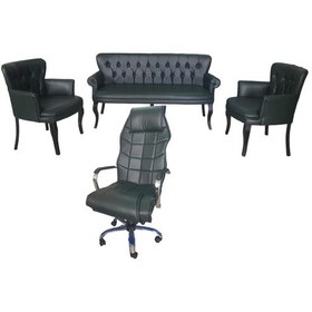 Resim Garden House Ahşap Ayaklı Haki Yeşil Deri 3+1 +1 + Makam Koltuğu Ofis Koltuk Takımı Cafe Koltuğu 3'lü Kanepe Haki 