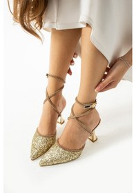 Resim Duxal Shoes Hector Cam Kırıntıları Bilekten Dolamalı Topuklu Ayakkabı Altin 