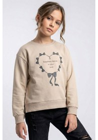 Resim Breeze Kız Çocuk Sweatshirt Simli Kurdeleli Kalp Baskılı 9-14 Yaş, Bej Bej 
