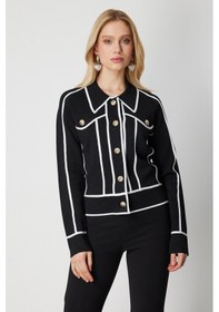 Resim On Kadın Şerit Detaylı Çıtçıt Kapamalı Hırka 69908 Siyah Siyah 