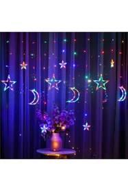 Resim ALKESE Usb Bağlantılı Ay Yıldız Saçak Perde Rgb (RENKLİ) Ramazan Parti Yılbaşı Led Işık Animasyonlu 