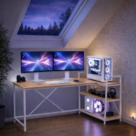Resim Flinder Çam/Beyaz Çift Yön Kullanıma Uygun, Raflı Gaming Oyuncu Masası, Bilgisayar Masası, Çalışma Masası 