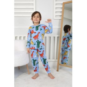 Resim Zuzunga Dinozor Desenli Erkek Çocuk Pijama Takımı Mavi 