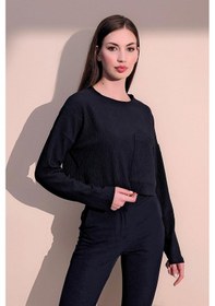 Resim Kadın Lacivert Kendinden Dokulu Cepli Crop Sweatshirt, Salaş Kesim Lacivert 