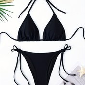 Resim Kadın Çok İşlevli Bağcıklı Bikini Seti - Yüksek Kesimli, Saf Siyah, Yüksek Esnek Örgü, Ayarlanabilir Bağcık Detayları, Dayanıklı ve Rahat 
