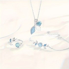 Resim Kadınlar İçin Şık Aytaşı Takı Seti - Kolye, Açık Yüzük ve Bileklikler Dahil, Zarif Mavi Yaprak Desenli, Hediye, Parti ve Günlük Kullanım İçin İdeal, Bohem Tarzı, Yüksek Kaliteli Taşlı Aksesuar, Moda Tutkunları için Dayanıklı 