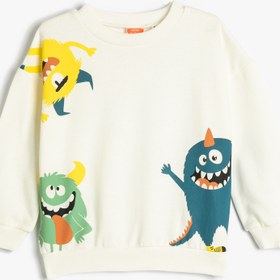 Resim Erkek Bebek Sweatshirt Şardonlu Bisiklet Yaka Canavar Baskılı Pamuklu 