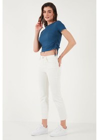 Resim Lela Yanlardan Büzgülü Kısa Kollu Crop Bayan Bluz 5864010 Indigo 