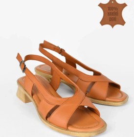 Resim Kadın Hakiki Deri Önü Açık Alçak Topuklu Günlük Sandalet - Taba Taba 