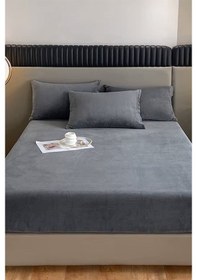 Resim Mulberry Kadife Kumaş Fitted Lastikli Çarşaf Takımı 160x200+30 Cm Antrasit 