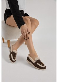 Resim Termo Taban Kürk Detaylı Süet Görünümlü Tokalı Kadın Kahve Günlük Loafer Ayakkabı Tbmhh015 Kahve 