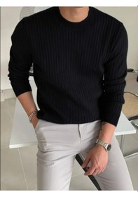 Resim Erkek Bisiklet Yaka Slim Fit Triko Kazak Siyah 