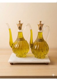 Resim Reoona Mermer Stantlı Borosilikat Cam Glorry Cam Yağlık 700 Ml+700 Ml Çizgili Tasarım Gold Kafalı Şeffaf 