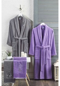 Resim 4 Parça Aile Bornoz Seti Kadın Erkek Havlulu Bornoz Takımı Gri La (534406871) 