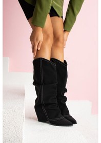 Resim Shoetek Leire Kadın Çizme Kovboy Körüklü Mat Siyah Deri Siyah 