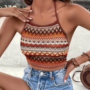 Resim Yaz için şık, sırtı açık, kollu olmayan crop halter üst, grafik baskılı halter boyun üstü, kadın giyim 