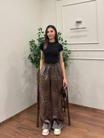Resim Leopar Desen Saten Kahverengi Pantolon - M 