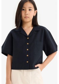 Resim DeFacto Kız Çocuk Cropped Fit Keten Kısa Kollu Gömlek D7638A825SMBK27 