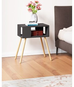 Resim İntergo Ahşap Ayaklı Dekoratif Raflı Komodin Antrasit Gri 