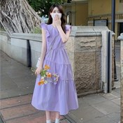 Resim Şık Lavanta Volan Kollu Elbise - Yazlık Rahat ve Tatil Stili, Tatlı Peri Tasarımı ile Katlı Etek, Kadınlar için Hafif Polyester Kumaş, Plaj Gezileri ve Bahçe Partileri için Mükemmel, Sevimli Elbise 