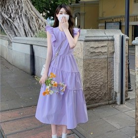 Resim Şık Lavanta Volan Kollu Elbise - Yazlık Rahat ve Tatil Stili, Tatlı Peri Tasarımı ile Katlı Etek, Kadınlar için Hafif Polyester Kumaş, Plaj Gezileri ve Bahçe Partileri için Mükemmel, Sevimli Elbise 