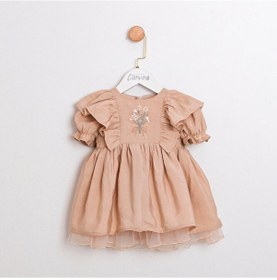 Resim Linda Balon Kollu Nakışlı Kız Bebek Elbise Açık Kahve 