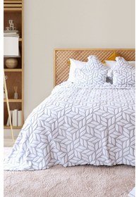 Resim İskandinav Yatak Örtüsü Seti Çift Kişilik Set Bohem Punch Panç Desen Lotus Gri Renkli 