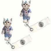 Resim 2D Sevimli Hemşire Kedi Geri Çekilebilir Baskı Rulosu Tutucu - Hemşireler, Öğrenciler, Doktorlar vb. için Uygun - İşyeri Baskı Kartları için Güvenlik Klipsi ile Akrilik Kimlik Klipsi. 