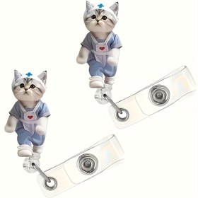 Resim 2D Sevimli Hemşire Kedi Geri Çekilebilir Baskı Rulosu Tutucu - Hemşireler, Öğrenciler, Doktorlar vb. için Uygun - İşyeri Baskı Kartları için Güvenlik Klipsi ile Akrilik Kimlik Klipsi. 