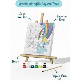 Resim Gökkuşağı Unicorn Çocuk Boyama Tuvali Şövaleli Eğitici Boyama Seti 20x20 Cm 