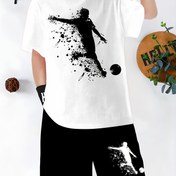 Resim Erkek Çocukları İçin Yazlık Serin Futbol Desenli Tişört Takımı, Nefes Alabilir Spor Serisi Baskılı Kısa Kollu Üst ve Şort - Dış Mekan Modası Erkek Giyim, Dış Aktiviteler için Uygun 
