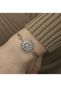Resim 925 Ayar Gümüş Rose Çiçek Desenli Elmas Montür Bileklik 