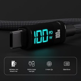 Resim Bix Type-C to Type-C 100 W 480 Mbps E-Marker Çipli LED Dijital Ekranlı Şarj ve Data Kablosu 1 M Siyah 