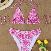Resim Plaj Mayo Seti| Şık Pembe Çiçekli Bağcıklı Bikini - Esnek Naylon Kumaş, Yüksek Bel İki Parçalı Mayo, Bağ Detaylı Halter Üst & Uygun Alt, Makinede Yıkanabilir - Plaj & Havuz Kenarı İçin Mükemmel, Mayo 