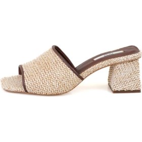 Resim Desa Kahverengi Kadın Rafya Örgülü Deri Terlik Orta Topuklu Konforlu Tasarım 