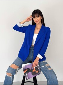 Resim han fashion Kadın Kruvaze Yaka Düğmesiz Cepli Astarlı Katlanabilir Kol Blazer Ceket Saks Mavisi 