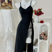 Resim Çekici Dantel Detaylı Uzun Gecelik, V Yaka Sırtı Açık Yan Yırtmaçlı Midi Kayışlı Elbise, Kadın Pijaması 