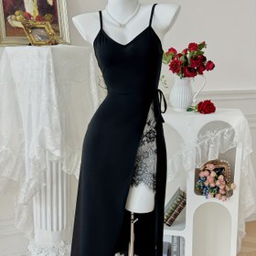 Resim Çekici Dantel Detaylı Uzun Gecelik, V Yaka Sırtı Açık Yan Yırtmaçlı Midi Kayışlı Elbise, Kadın Pijaması 