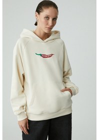 Resim Grimelange CHILLI Kadın Oversize Şardonlu Kapüşonlu Baskılı Kanguru Cepli Ekru Sweatshirt 