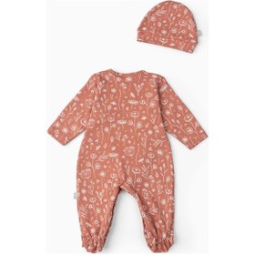 Resim Boumini Bebek Patikli Tulum Şapka Set Bahar Çiçekli Kiremit Kiremit 