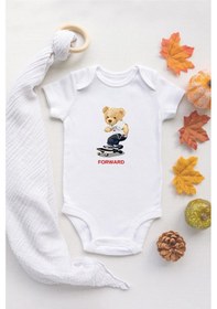 Resim Özel Tasarım Lisanslı Sevimli Ayı Kaykay Bebek Body Beyaz Bebek Badi Zıbın Beyaz 