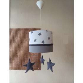 Resim Onay M-354 Beyaz Yıldızlı Gri Kumaş Kaplama Çocuk Odası ve Genç Odası Avize Aydınlatma Sarkıt 