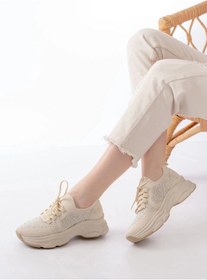 Resim 3002 Bej Bağcıklı Fileli Taş Aksesuarlı Günlük Spor Ayakkabı Çok Renkli 