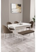 Resim Milas Beyaz 80x132 Mdf Açılabilir Yemek Masası Takımı 4 Sandalye, 1 Bench Kahverengi 