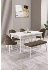 Resim Milas Beyaz 80x132 Mdf Açılabilir Yemek Masası Takımı 4 Sandalye, 1 Bench Kahverengi 