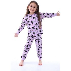 Resim Kız Çocuk Kedi Desenli Uzun Kollu Pijama Takımı-904 Mor 