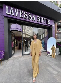 Resim Kol Detaylı Salaş Keten Kimono Safran Sarısı-101 Bej 