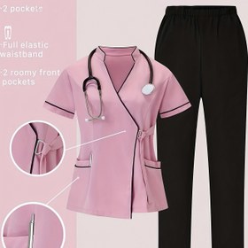 Resim Küçük Stand-Up Yaka ile Moda Kısa Kollu İş Kıyafeti, Güzellik Salonları ve Diş Klinikleri için Uygun. 